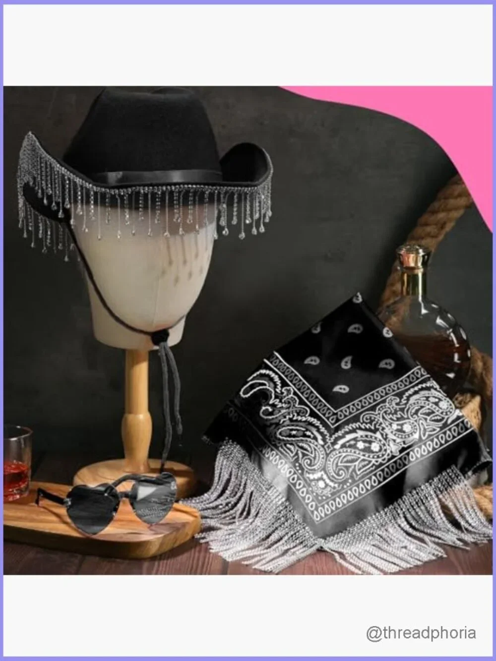 3-Piece Rhinestone Cowgirl Hat Set with Fringe Bandana and Heart Sunglasses
